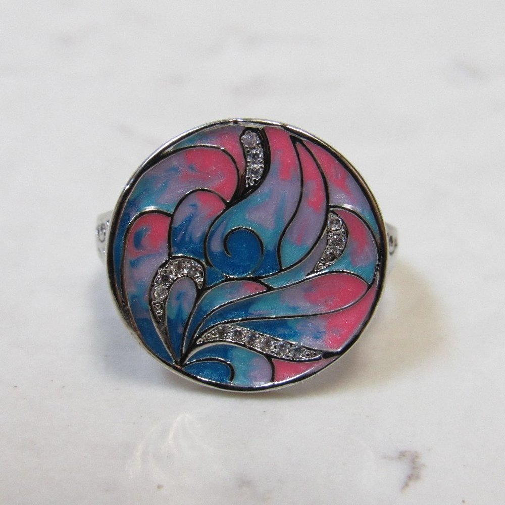 Sterling Boho Pink Splash Silver Ring Size 9